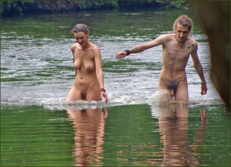 Guy and girl bathing naked